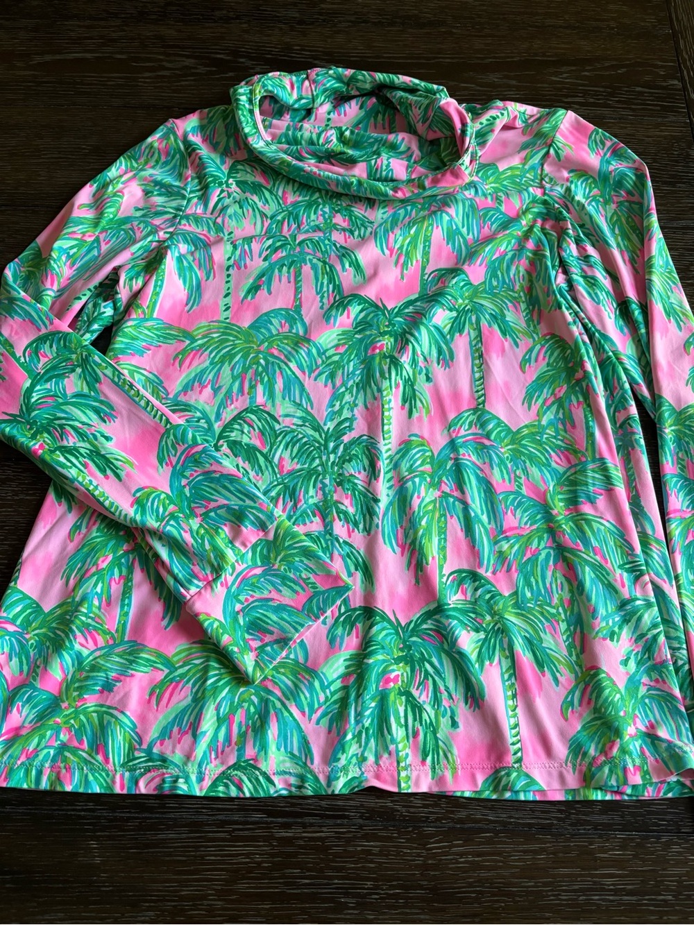 Lilly Pulitzer Lilshield Cowl Neck Pullover Top Palm Tree Print Pink L VGUC